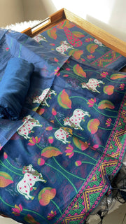 Weavora Blue Soft Cotton Pichwai Jamdani Unstitched Suit Set